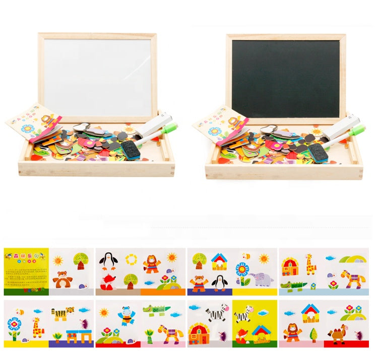 white-chalk board with magnetic puzzle