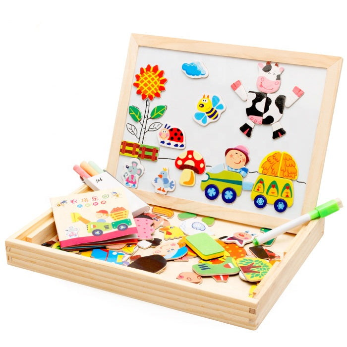 white-chalk board with magnetic puzzle