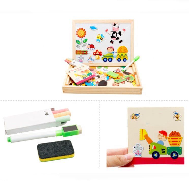 white-chalk board with magnetic puzzle