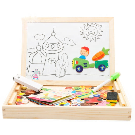 white-chalk board with magnetic puzzle