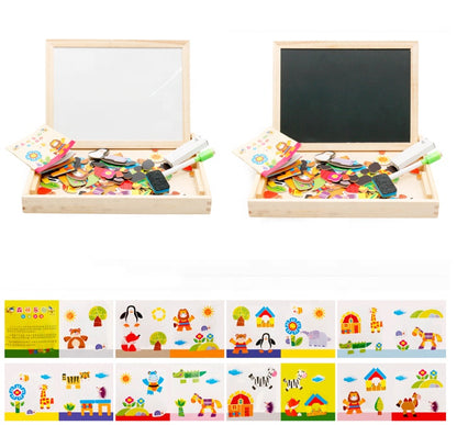white-chalk board with magnetic puzzle