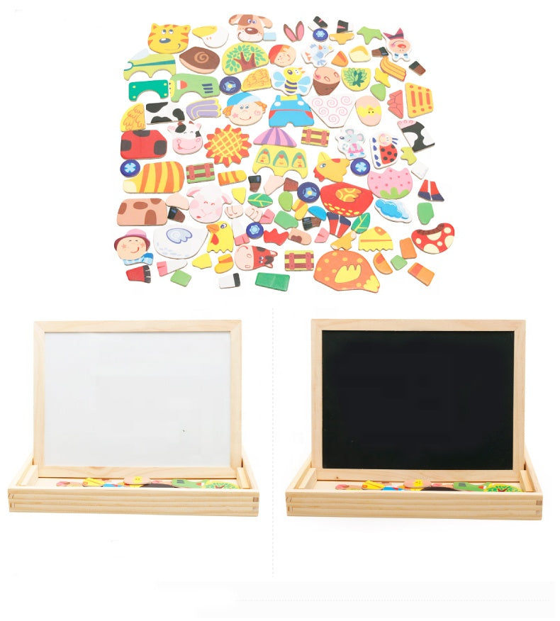 white-chalk board with magnetic puzzle