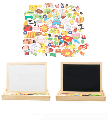 white-chalk board with magnetic puzzle